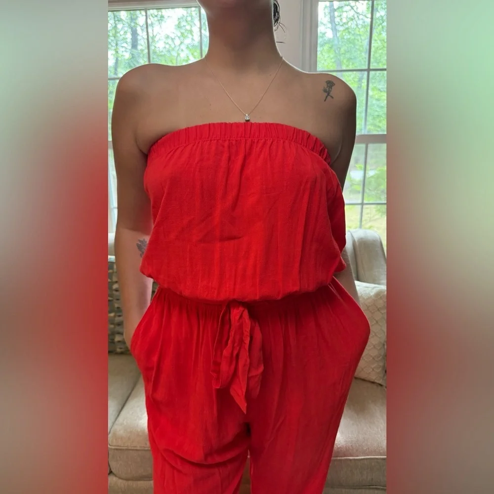 New Eesome Red Strapless Jumpsuit so cute belted S L